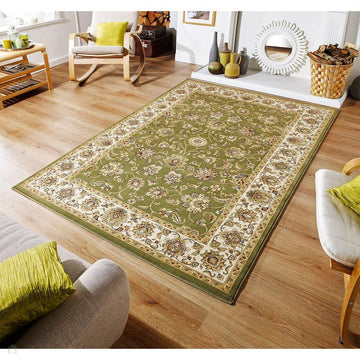Kendra 3330 G Traditional Persian Classic Floral Vine Bordered Durable Easy-Care Low Profile Short Pile Green/Sand/Cream Rug-Melrose-Rug Love - The Most Loved Rug Store